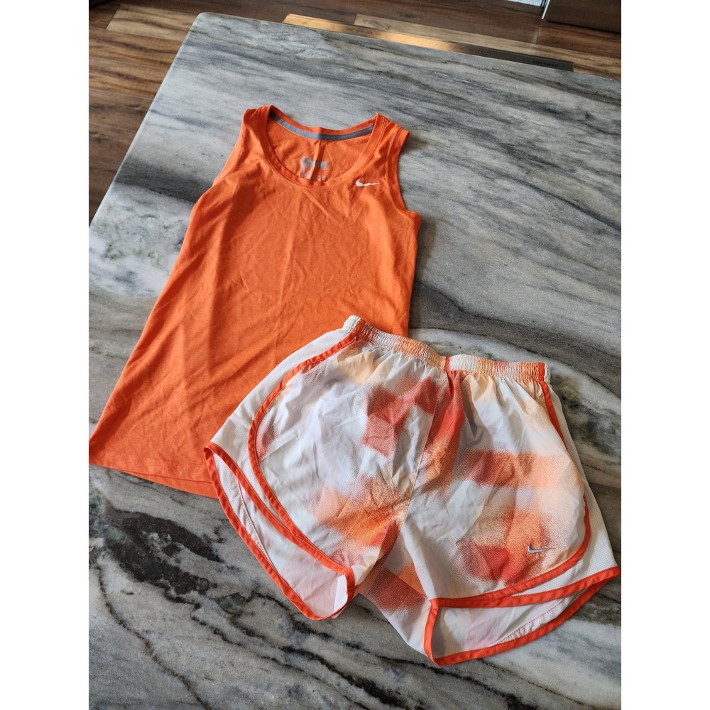 Nike Womens Dri-FIT Running Set Orange Tank Top and Abstract Print Shorts Small